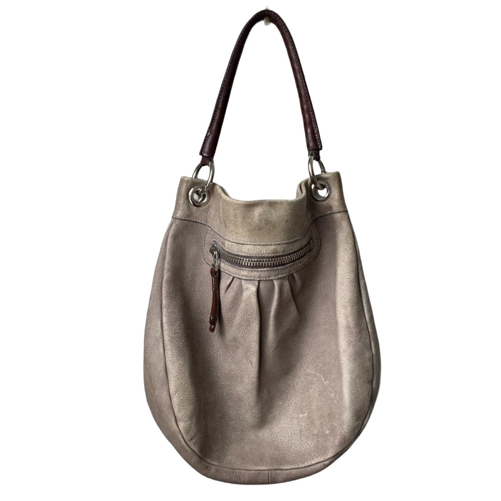 ROOTS Women’s Gray Beige Genuine Distressed Leather Crossbody Hobo Shoulder Bag - Picture 1 of 13